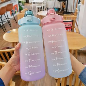 Water Bottle 2L Large Capacity With Bounce Cover Time Scale Frosted Sports Fitness Water Bottle Leakproof Outdoor Camping Kettle