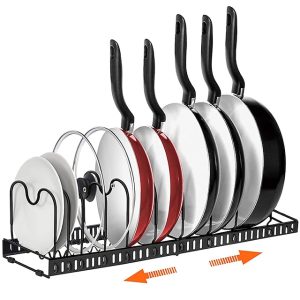 Pots and Pans Organizer Rack for Cabinet 2 Pack Pot Lid Organizers Or 1 Expandable Pot Rack for Kitchen Cabinet Pantry Bakeware Lid Holder with 10 Adjustable Compartments