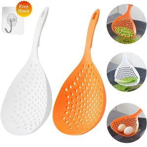 Strainer Scoop Colander Slotted Pasta Spoon with Self-adhesive Hook Plastic Skimmer Spoon with Handle Food Drain Shovel for Kitchen Cooking
