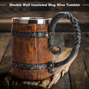 Large Capacity Imitation Wooden Cup Stainless Steel Liner Mug Large Handle Log Shaped Water Cup Viking Wooden Beer Cup Christmas Gift Imitation Wooden Bucket Beer Cup Double Wall Drinking Cup