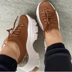 PU Casual Gauze Solid Sneakers For Women