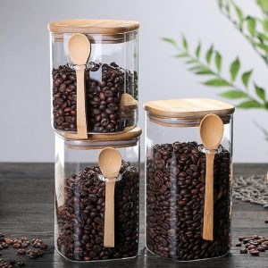 Square glass sealed storage jar with wooden spoon seasoning box coffee bean storage jar kitchen supplies box