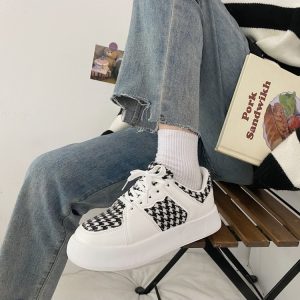 Casual Houndstooth Patch Round Toe Designer Sneakers